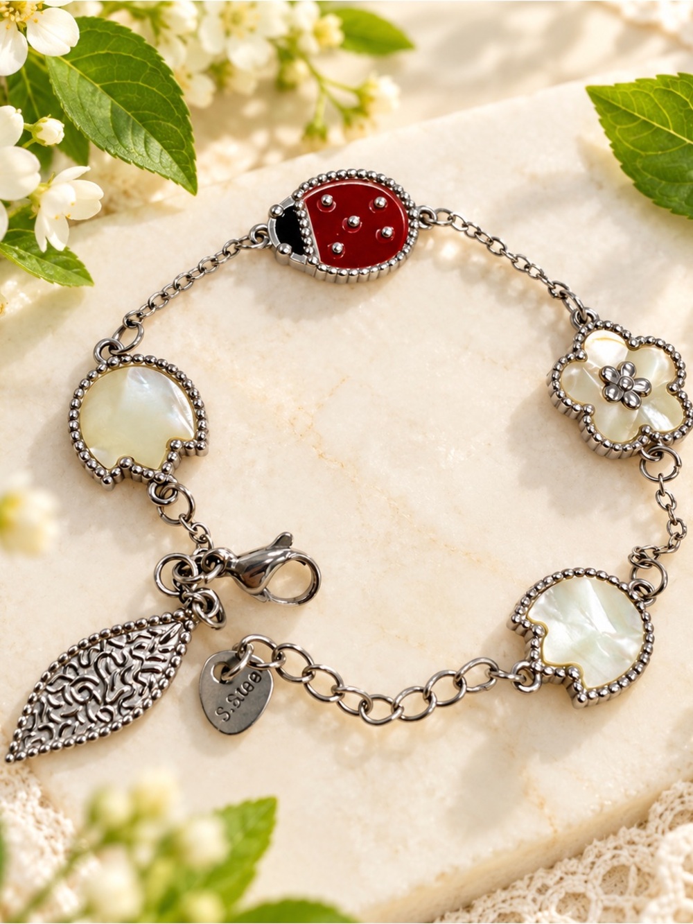 Stainless Steel Mother of Pearl Enamel Charm Bracelet